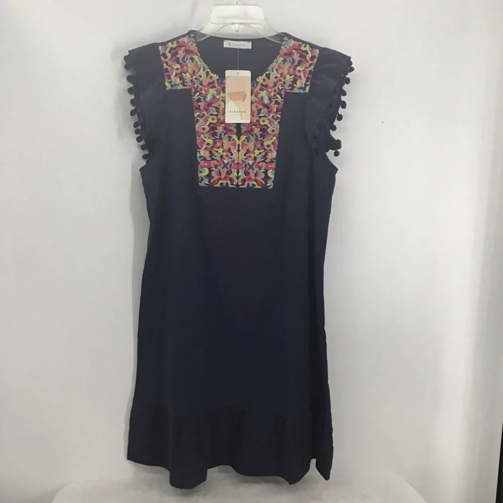 Kirundo NWT Embroidered Fringe Sleeve Mini Dress Casual Beach Navy Size Small - Picture 7 of 8